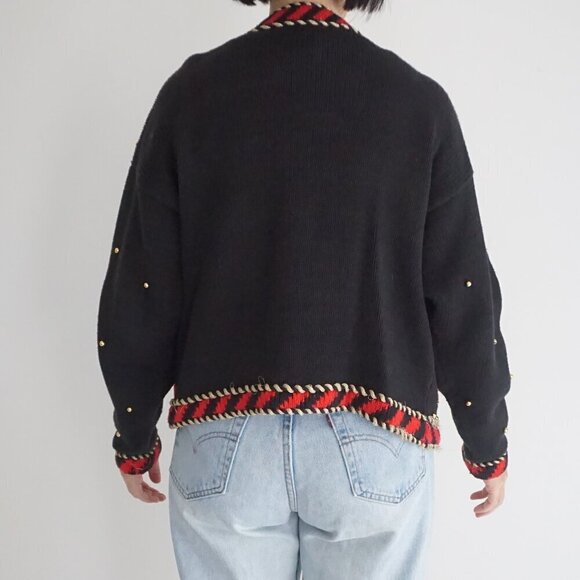 Vintage Gantos Black Knit Red Beaded Swirl Button Up Sweater M - Picture 3 of 13